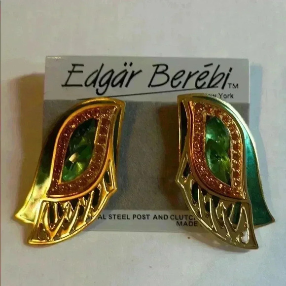 Edgar Berebi vintage earrings new green with gold accents made in the USA - Picture 1 of 3
